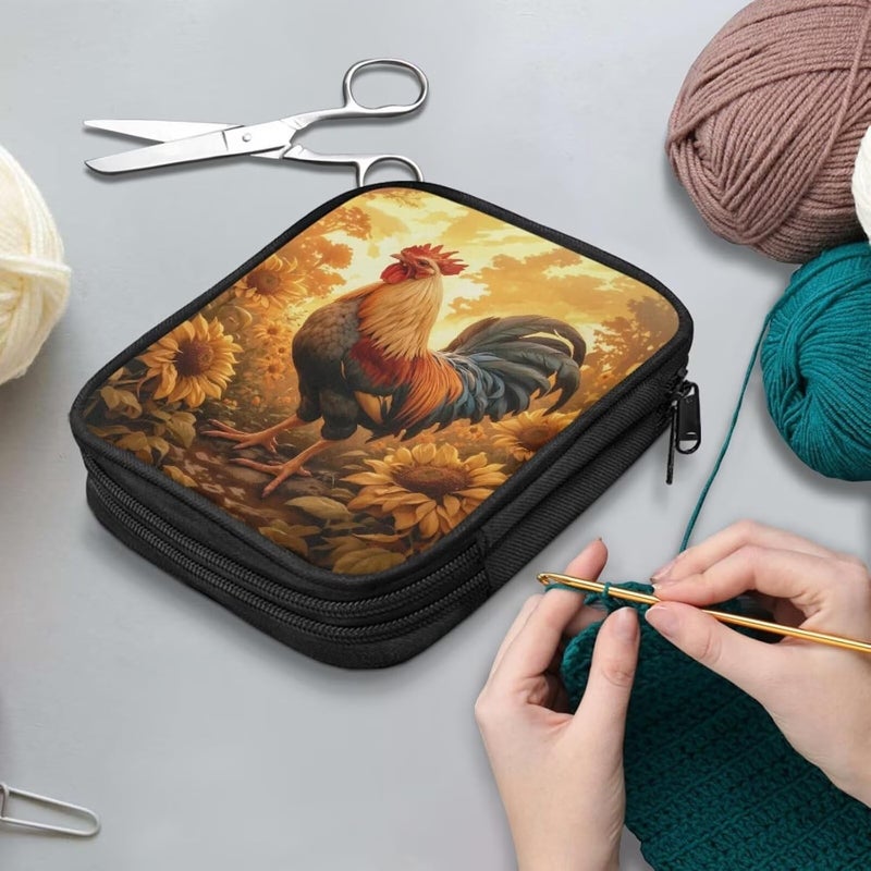 Xsehusvy Rooster Sunflower Fabric Crochet Kit for Crochet Beginner Washable Crochet Hook Case with Mesh Pockets Portable Crochet Bag Knitting Organizing Bag Easy to Carry - Image 3